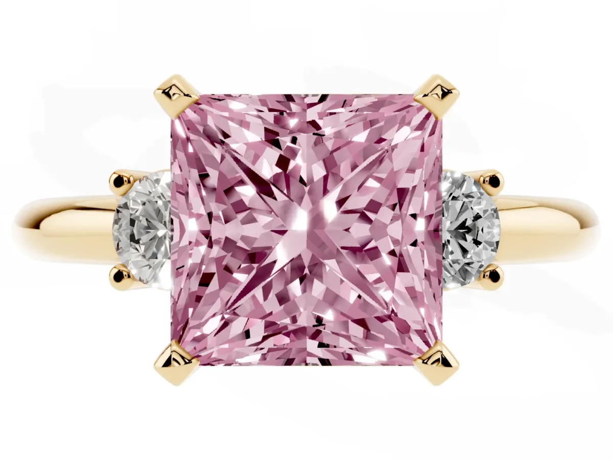 Fancy Pink Three-Stone Princess Cut Cut Diamond Solitaire with Prong Setting and Classic Band Yellow gold
