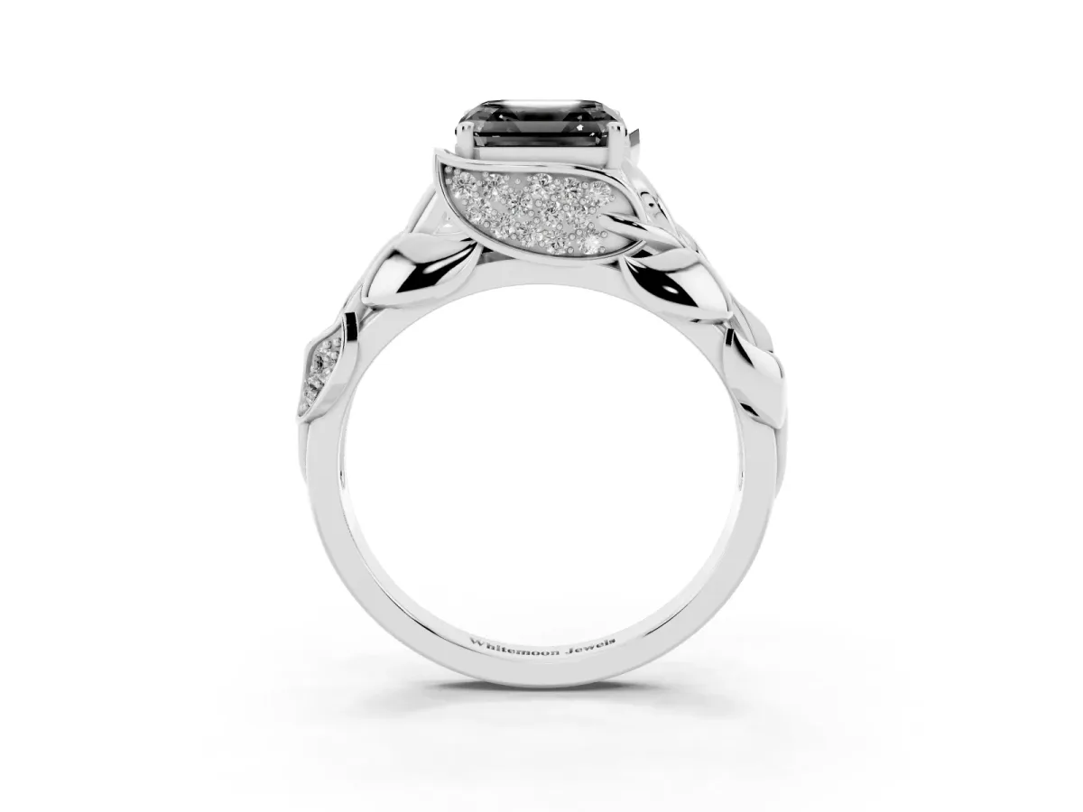 Fancy Black Asscher Cut Diamond Leaf-Inspired Engagement Ring with Round Accents and Prong Setting Silver