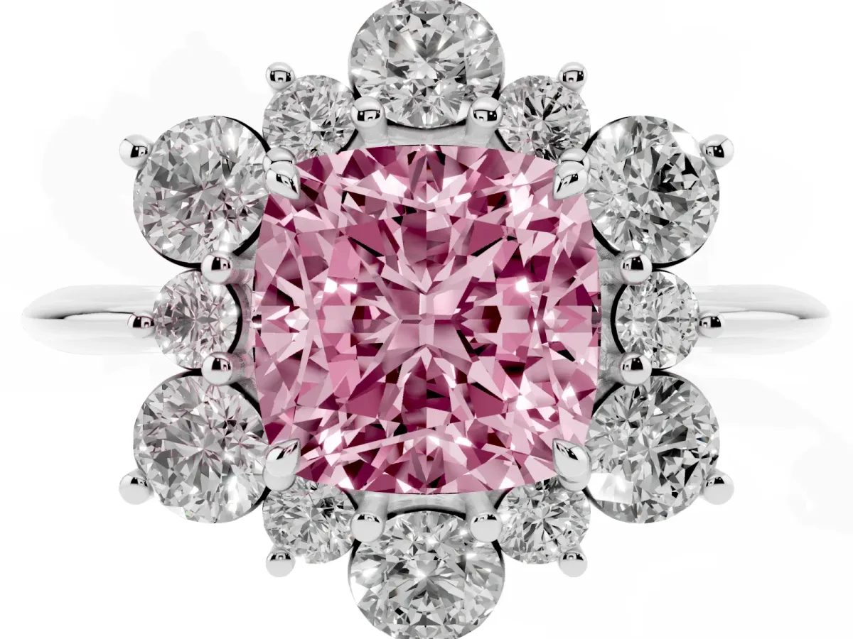 Fancy Pink Cushion Cut Diamond Cluster Halo Ring with Solitaire Band and Four-Prong Setting Silver