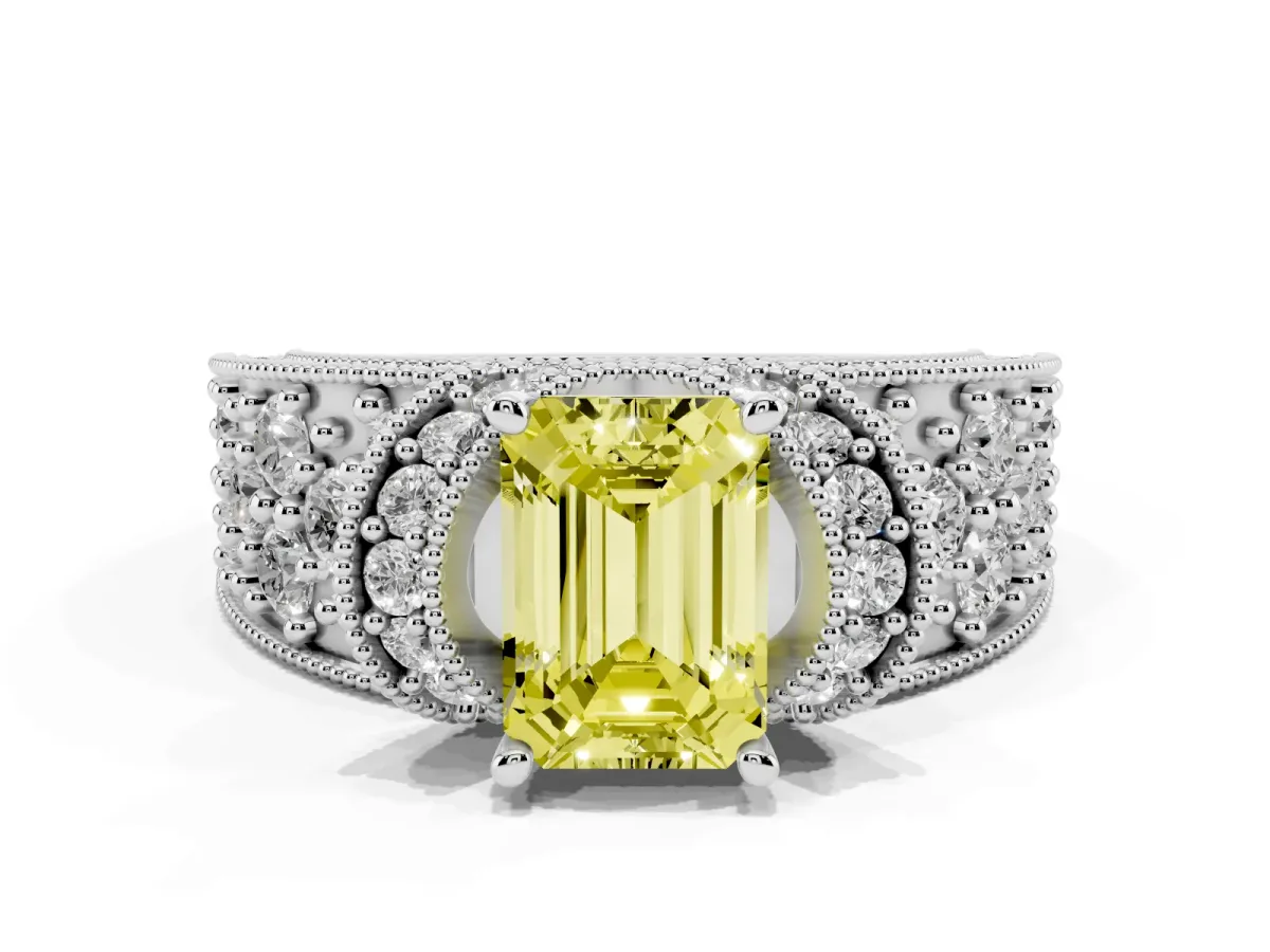 Fancy Yellow Emerald Cut Halo Pave Diamond Engagement Ring with Milgrain Detailing Silver