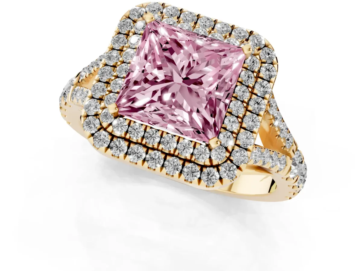 Fancy Pink Princess Cut Cut Double Halo Split Shank Diamond Ring with Prong Setting Yellow gold