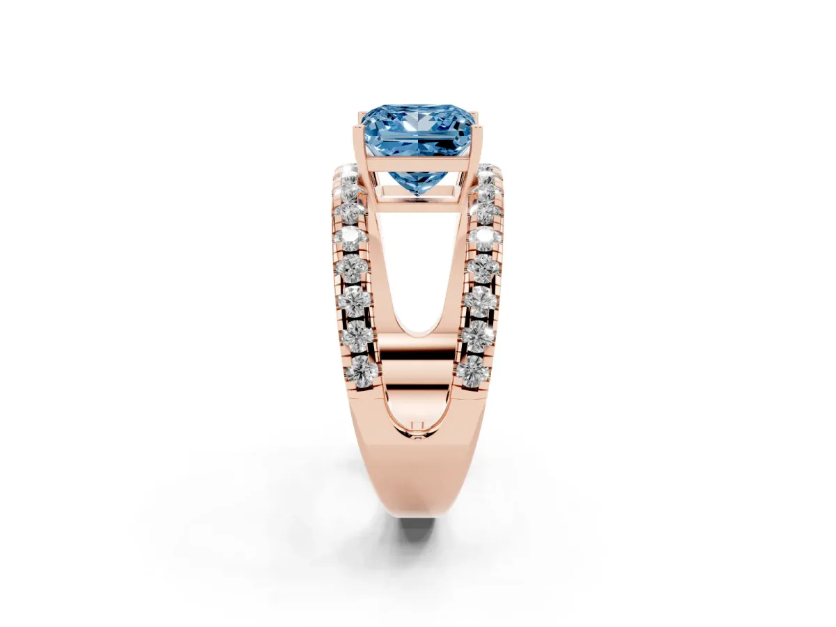Fancy Blue Princess Cut Solitaire Split Shank Pave Diamond Ring Rose gold