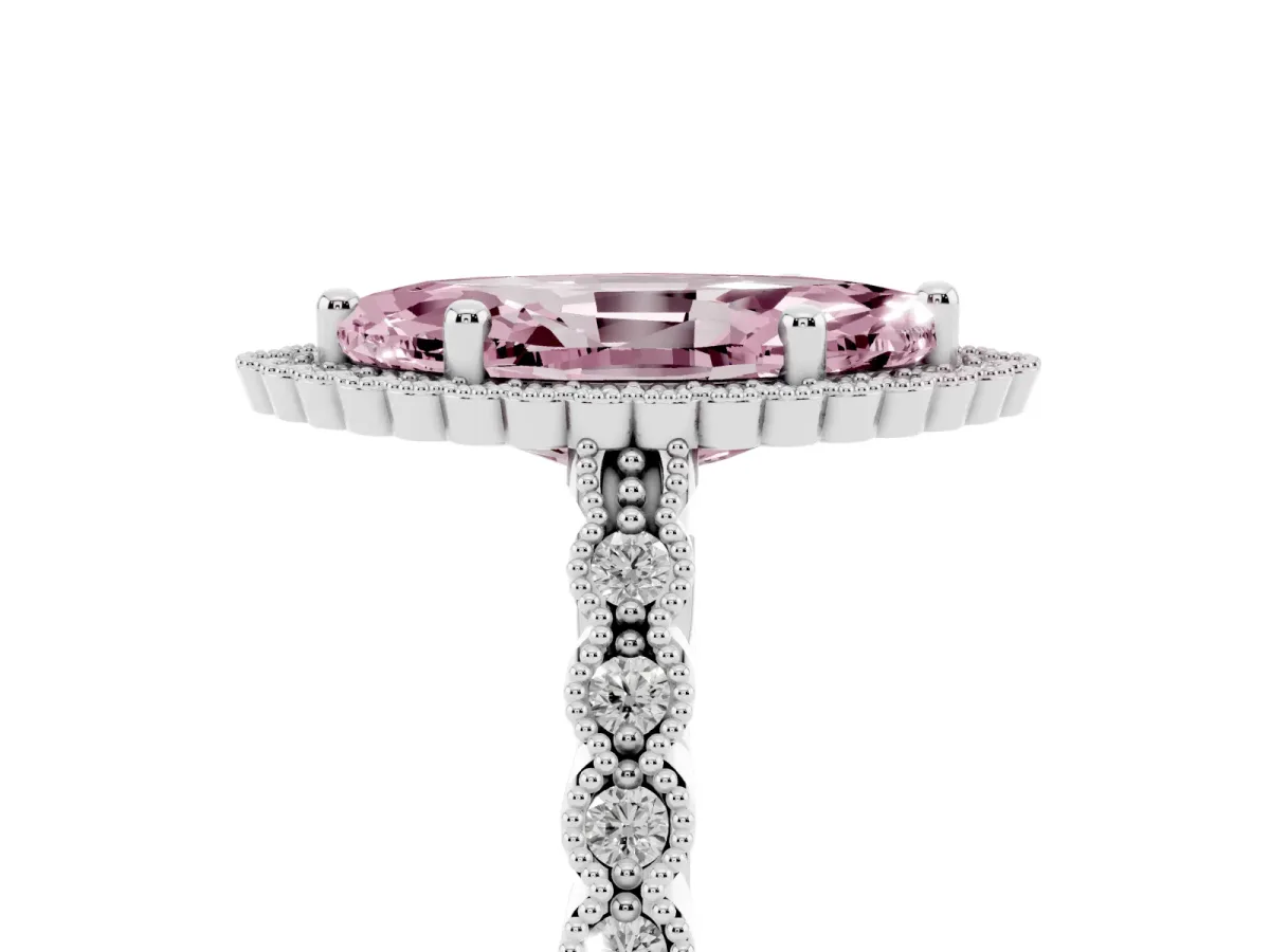 Fancy Pink Marquise Cut Cut Halo Pavé Solitaire Ring with Milgrain Band Platinum
