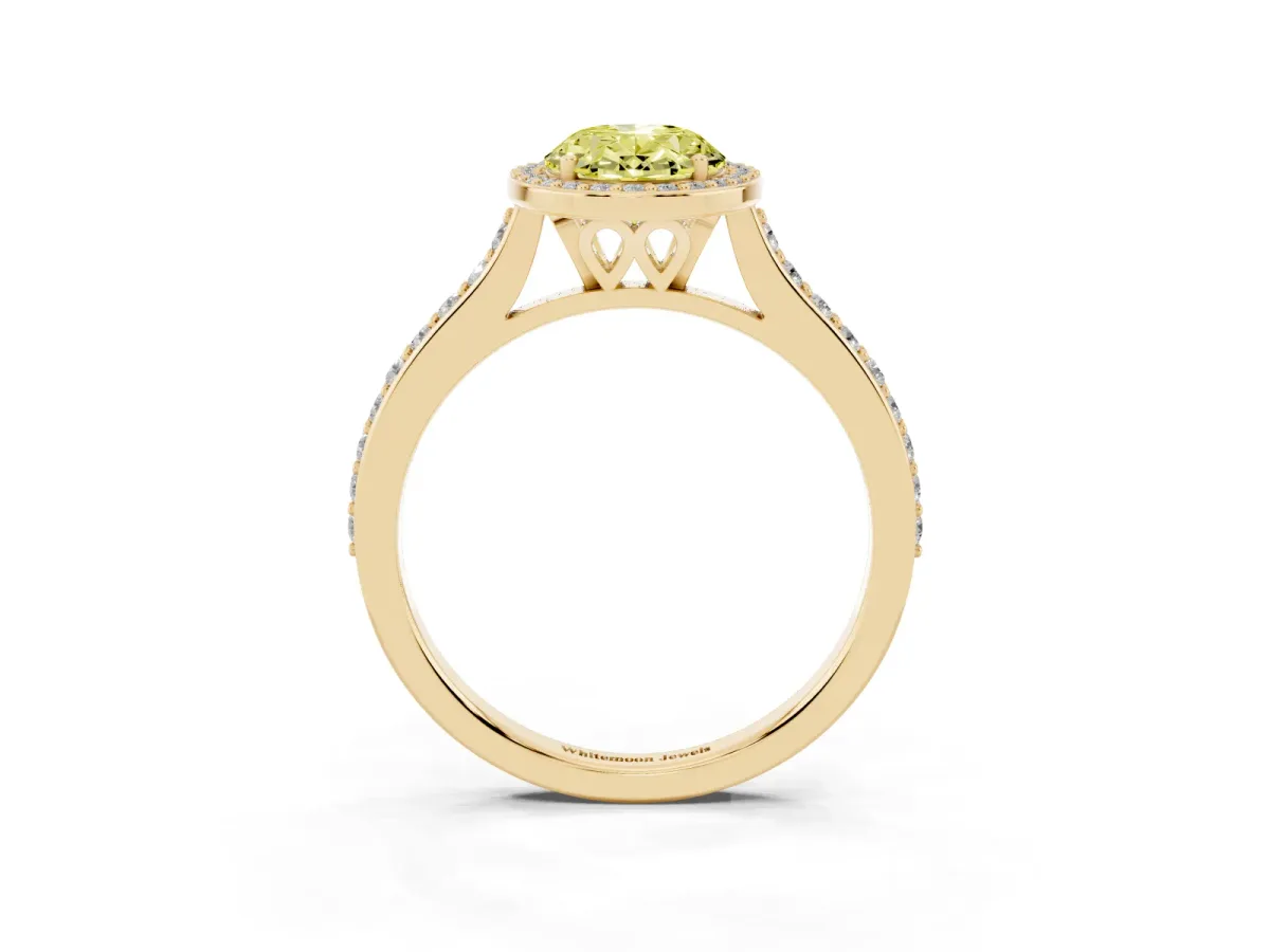 Fancy Yellow Oval Cut Diamond Halo Engagement Ring with Round Pavé Shoulders and Prong Setting Yellow gold