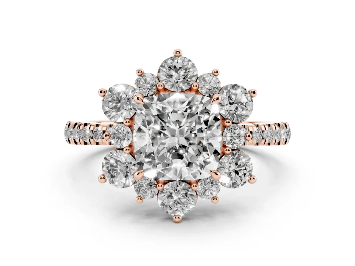 Cushion Cut Diamond Floral Halo Ring with Round Pavé Band and Prong Setting Rose gold