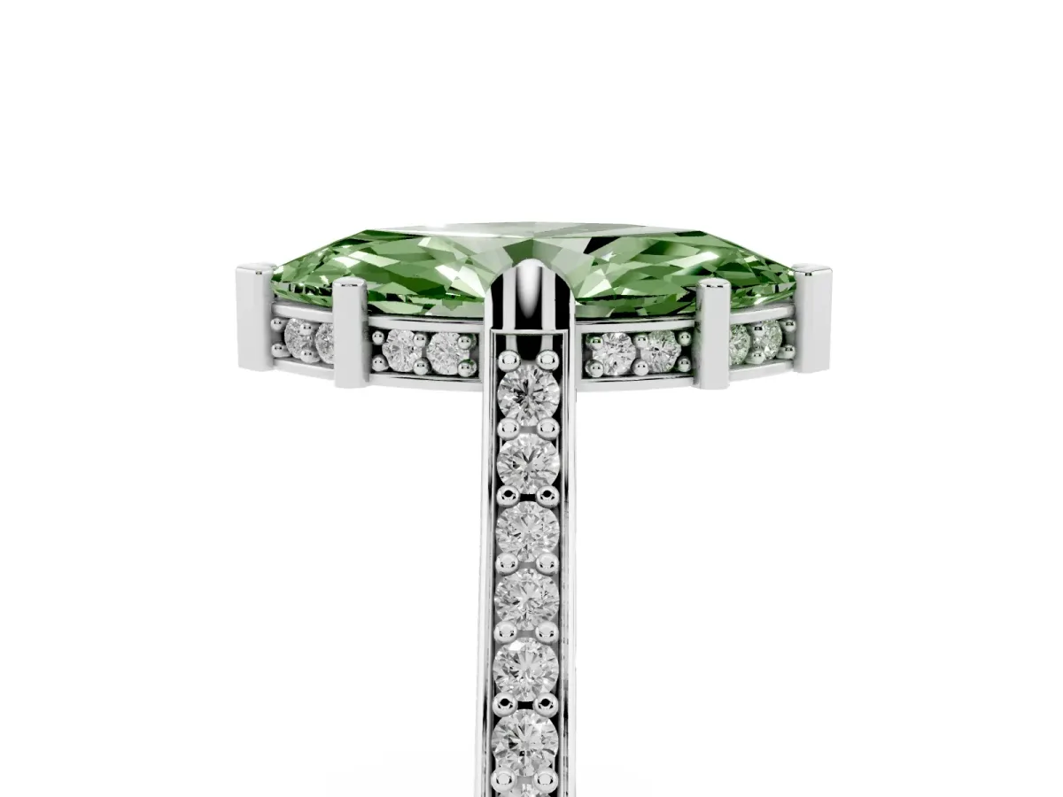 Fancy Green Marquise Cut Solitaire Diamond Ring with Channel Set Band and Bezel Prong Setting White gold