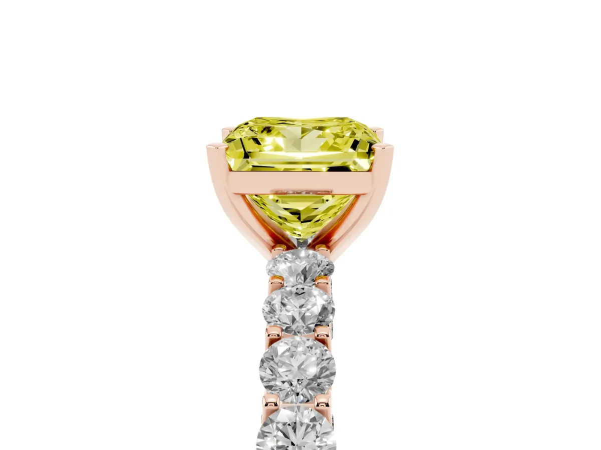 Fancy Yellow Princess Cut Diamond Solitaire Ring with Shared Prong Pavé Band and Four-Prong Setting Rose gold