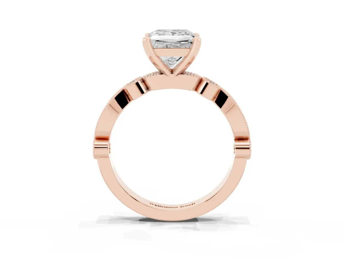 Princess Cut Milgrain Bezel Diamond Engagement Ring with Solitaire Prong Setting Rose gold