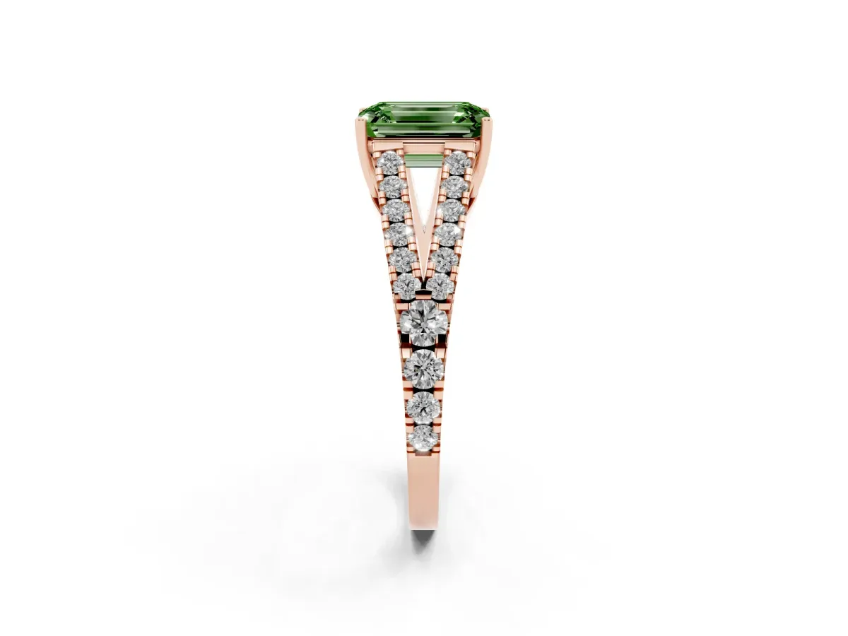 Fancy Green Emerald Cut Diamond Split Shank Engagement Ring with Round Pavé and Prong Setting Rose gold