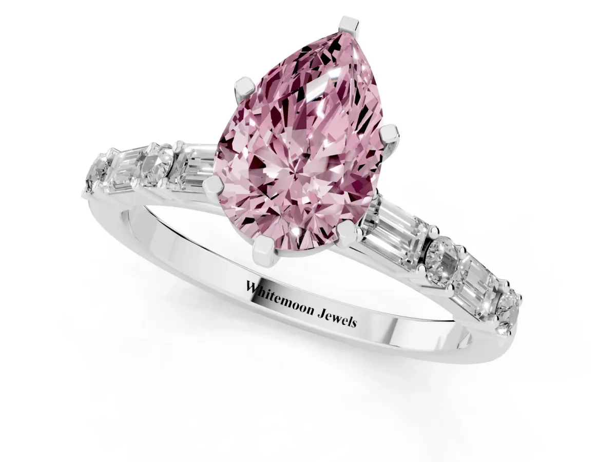 Fancy Pink Pear Cut Diamond Solitaire with Side Baguettes and Channel Set Band Silver