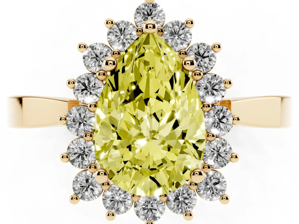 Fancy Yellow Pear Cut Cut Diamond Halo Ring with Round Brilliant Halo and Solitaire Band Yellow gold