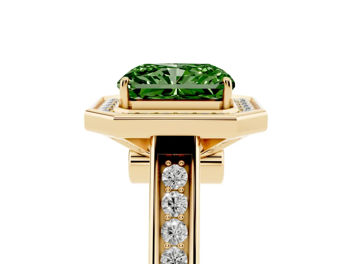 Fancy Green Emerald Cut Halo Solitaire Diamond Ring with Pave Band and Bezel Setting Yellow gold