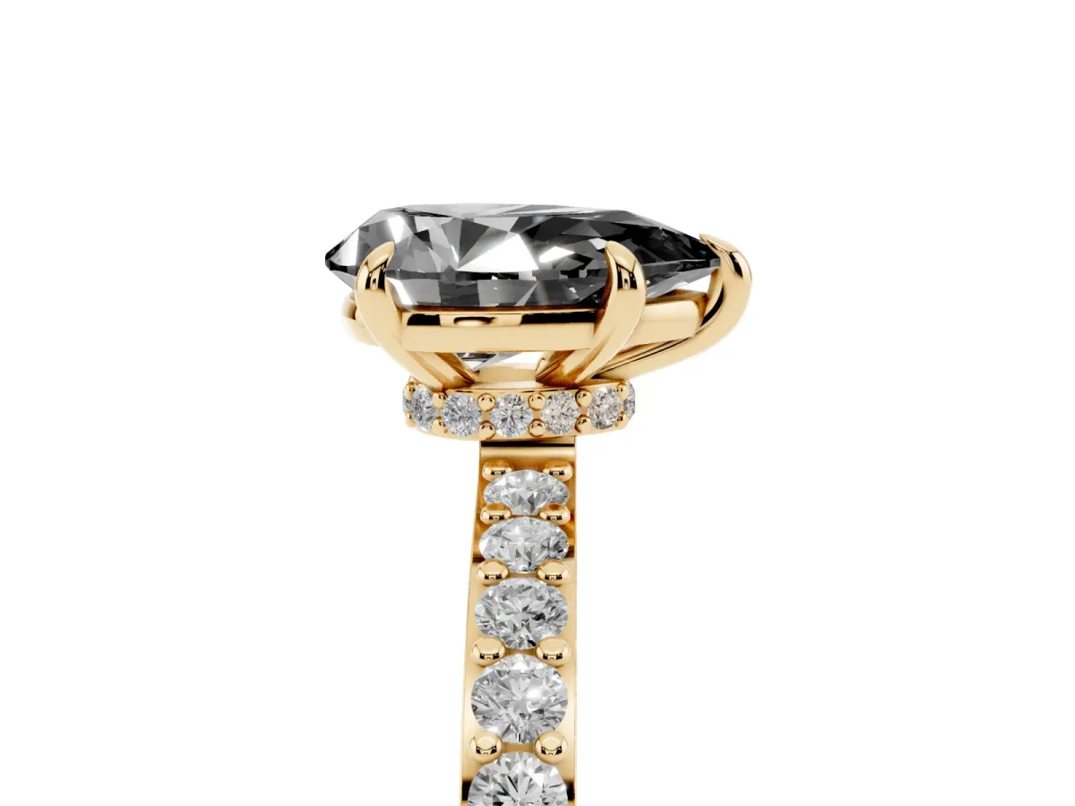 Fancy Black Pear Cut Diamond Pavé Engagement Ring with Round Accents and Prong Setting Yellow gold