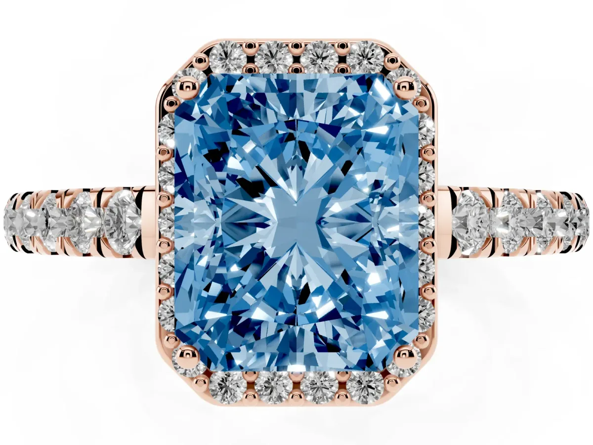Fancy Blue Radiant Cut Cut Halo Diamond Engagement Ring with Pave Band and Four-Prong Setting Rose gold
