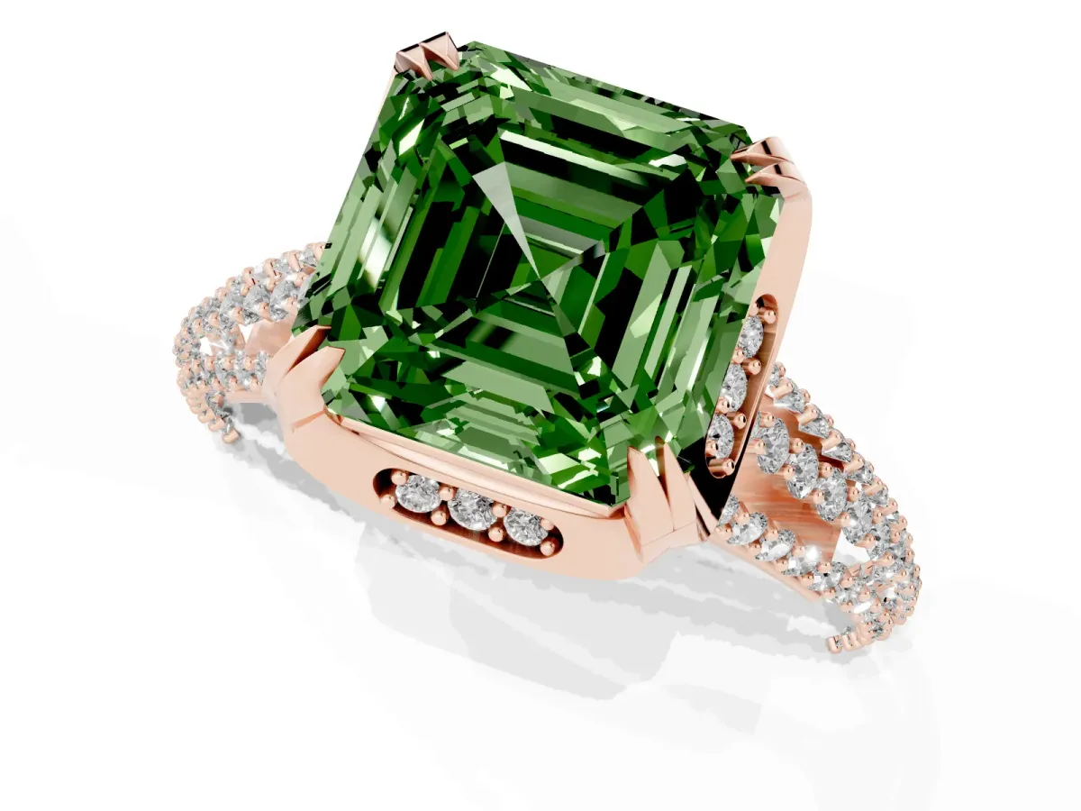 Fancy Green Asscher Cut Solitaire Pave Split Shank Ring with Four-Prong Setting Rose gold
