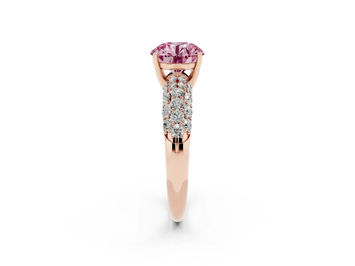 Fancy Pink Round Cut Diamond Pavé Band Solitaire Ring with Four-Prong Setting Rose gold