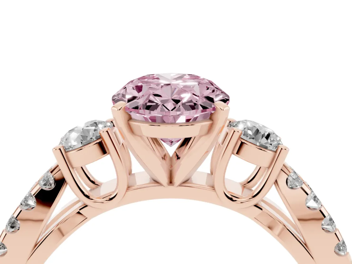 Fancy Pink Oval Cut Diamond Three-Stone Ring with Pavé Split Shank and Four-Prong Setting Rose gold