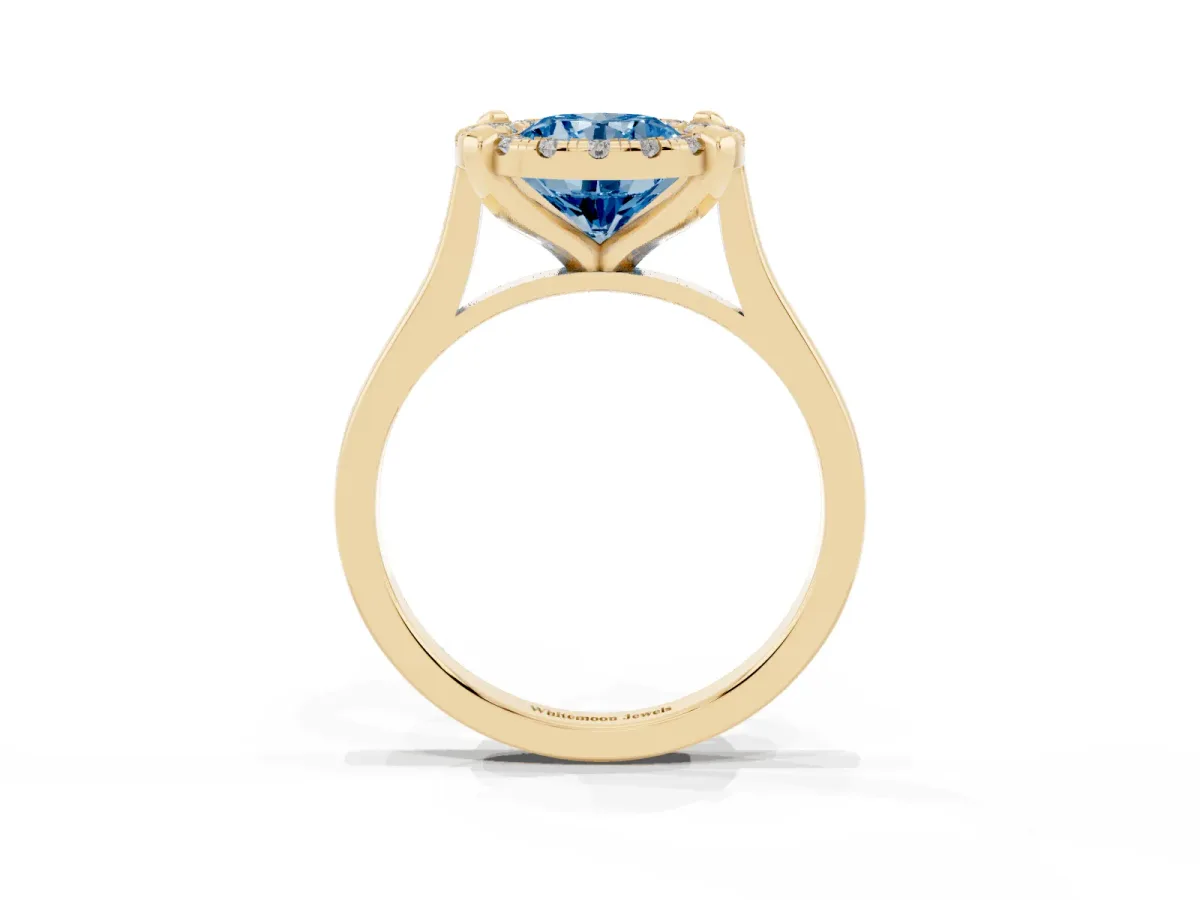 Fancy Blue Round Cut Diamond Cluster Halo Solitaire with Four-Prong Setting Yellow gold