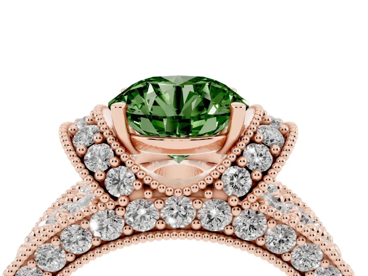Fancy Green Round Cut Halo Pave Diamond Engagement Ring with Milgrain Detailing Rose gold