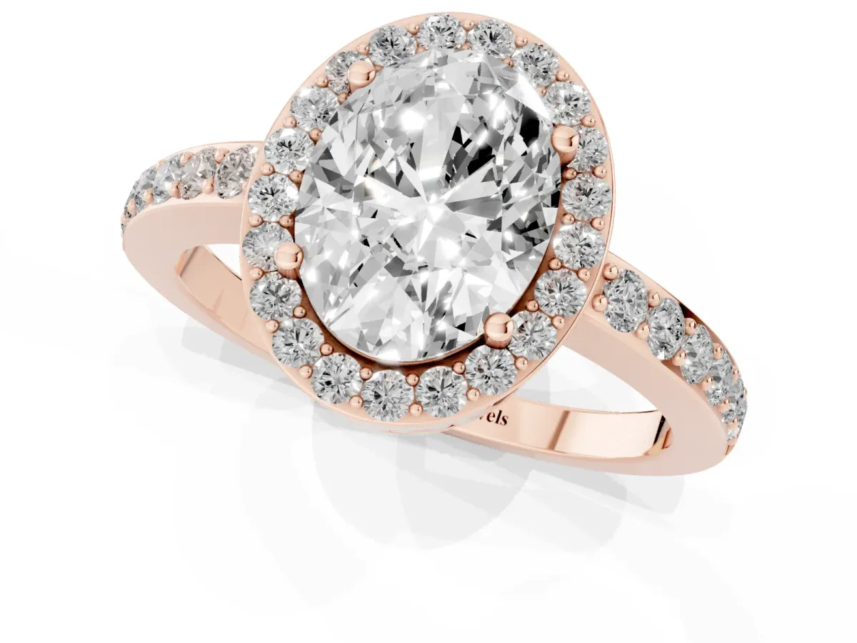 Oval Cut Halo Diamond Pavé Band Ring with Prong Setting Rose gold