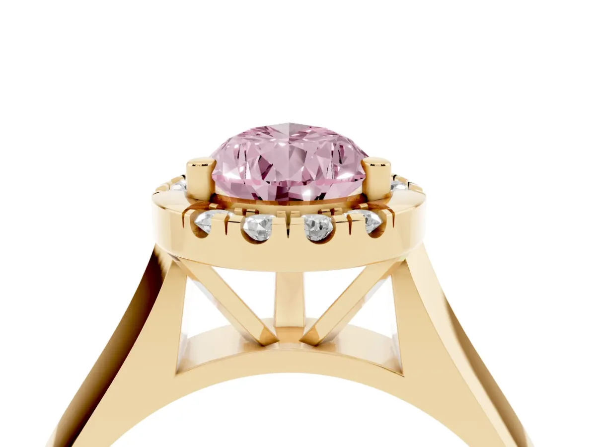 Fancy Pink Pear Cut Cut Halo Solitaire Engagement Ring with Square Band and Four-Prong Setting Yellow gold