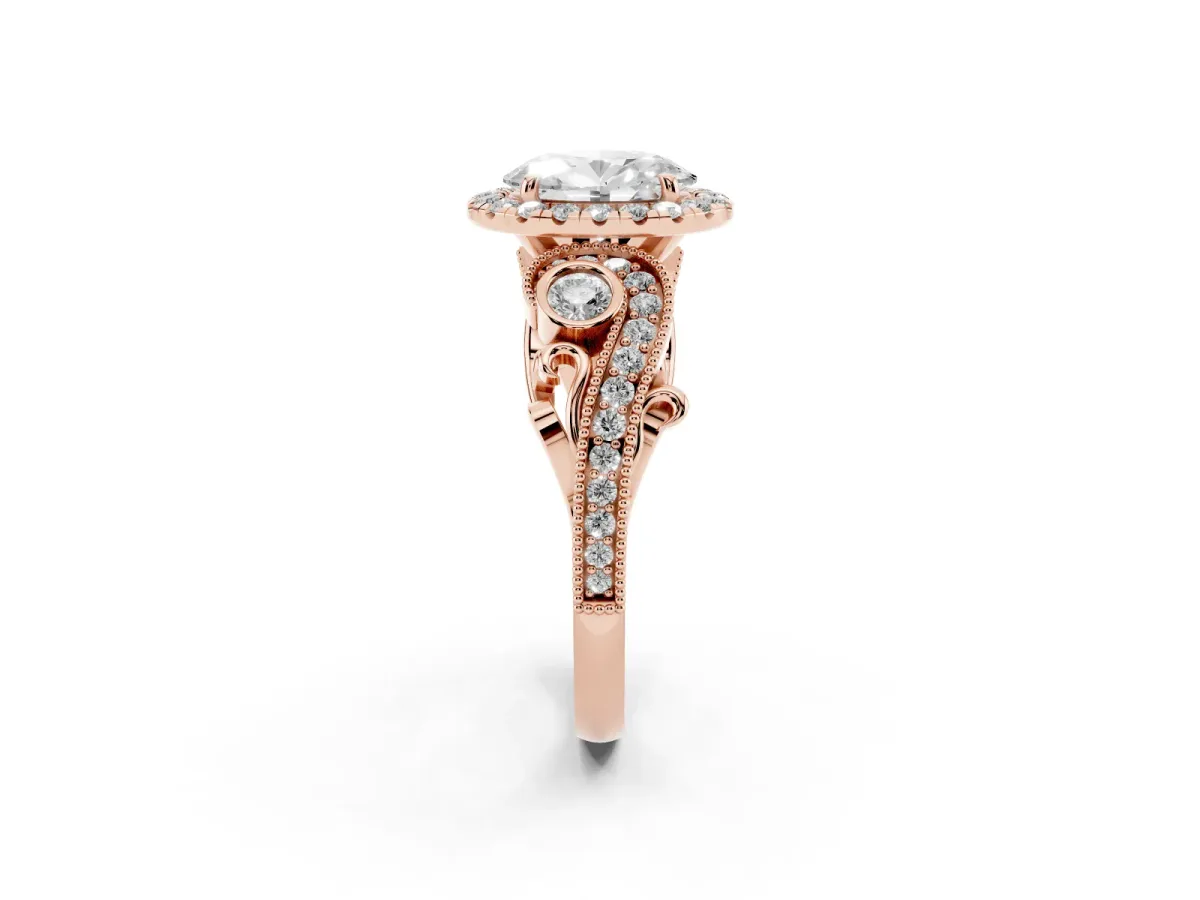 Oval Cut Halo Diamond Ring with Milgrain and Bezel Accents on a Split Shank Band Rose gold