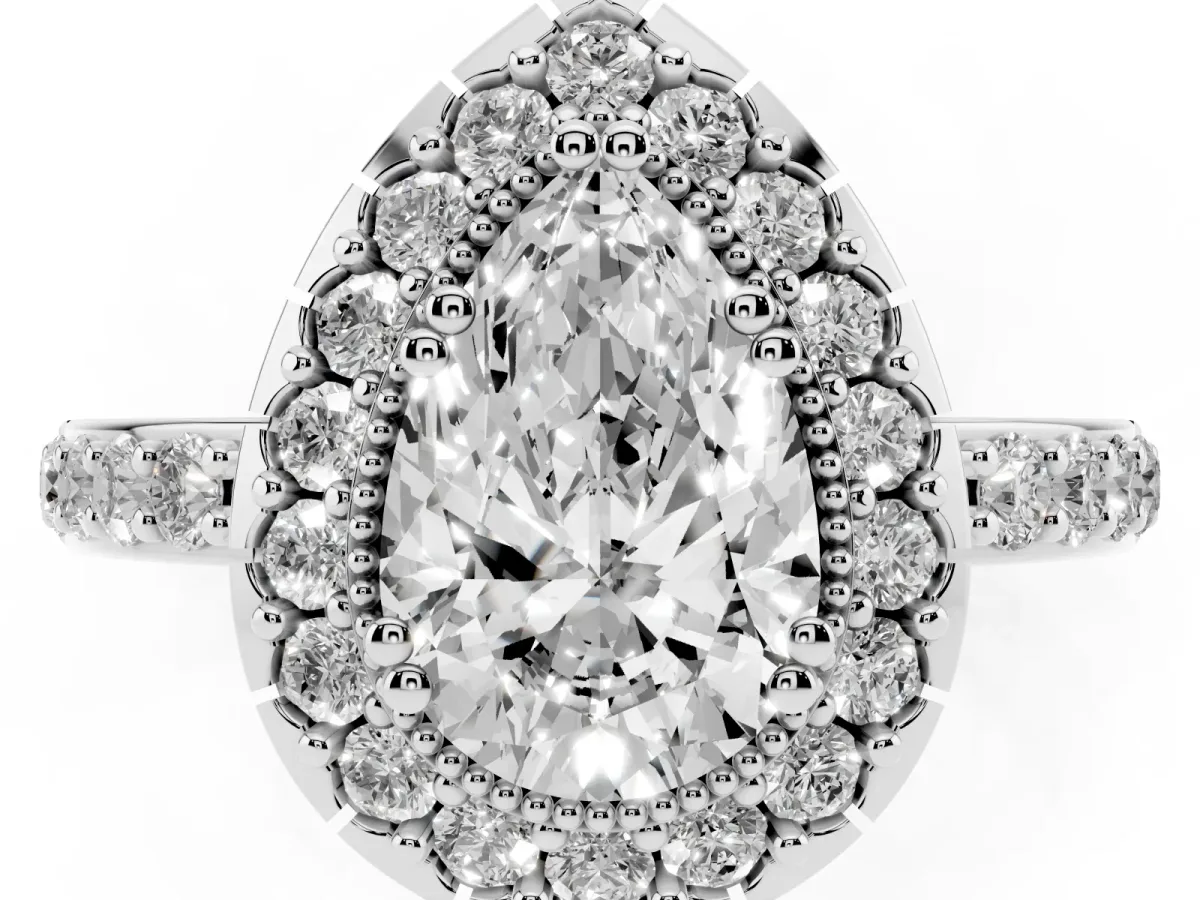 Pear Cut Diamond Halo Ring with Pavé Band and Prong Setting Silver