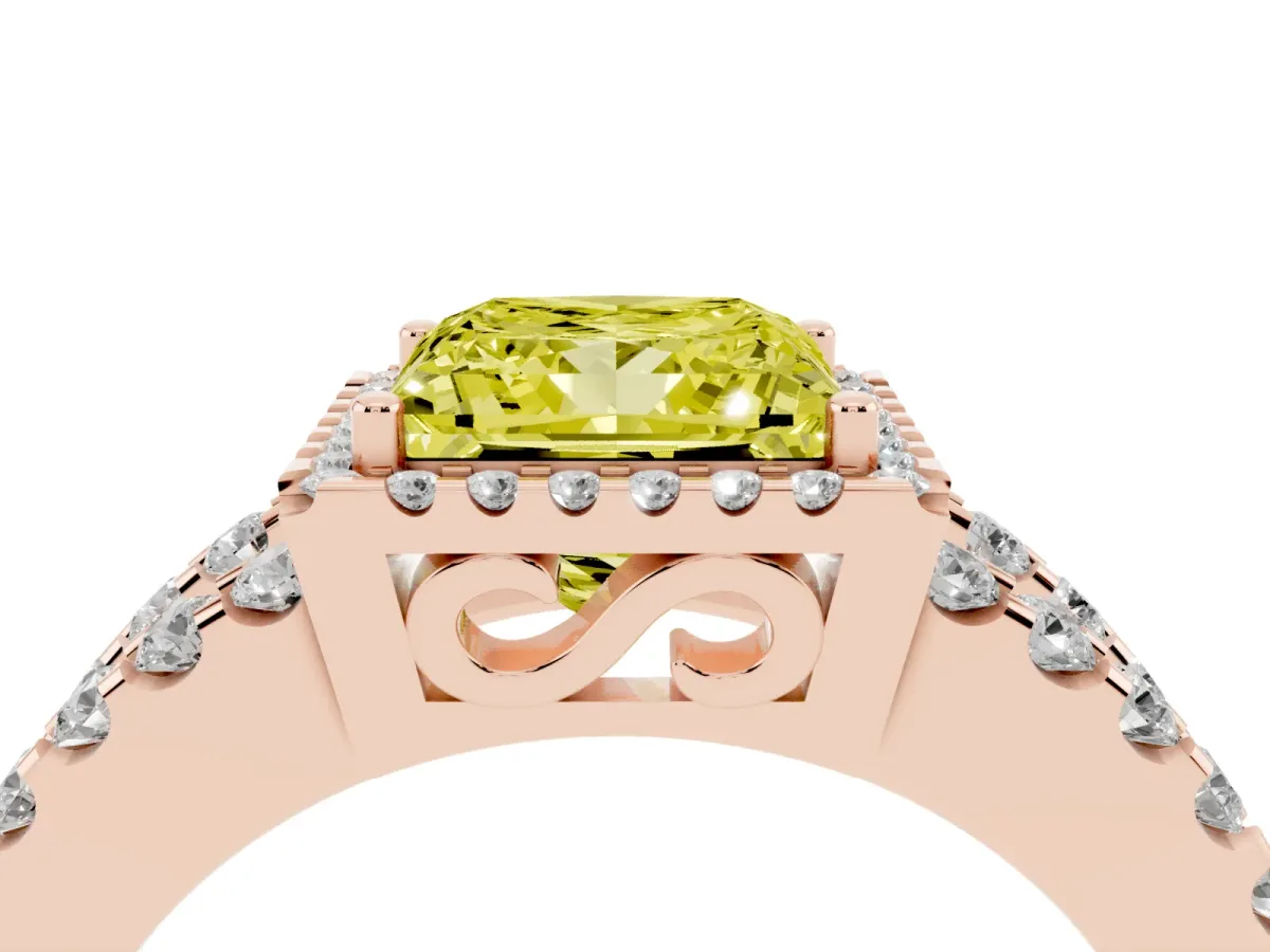 Fancy Yellow Princess Cut Cut Halo Split Shank Diamond Ring with Four-Prong Setting Rose gold