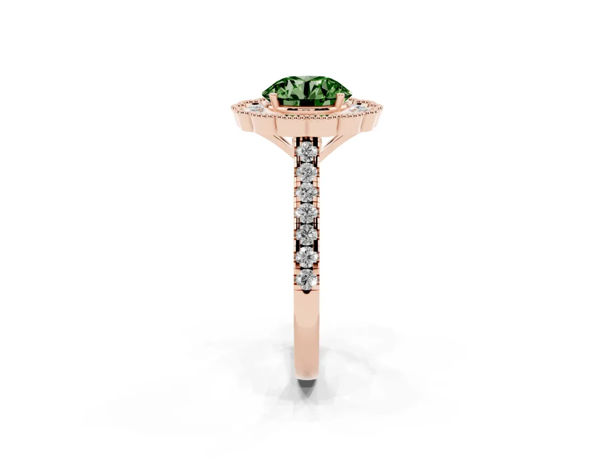 Fancy Green Round Cut Cut Diamond Milgrain Floral Halo Engagement Ring with Pavé Band Rose gold