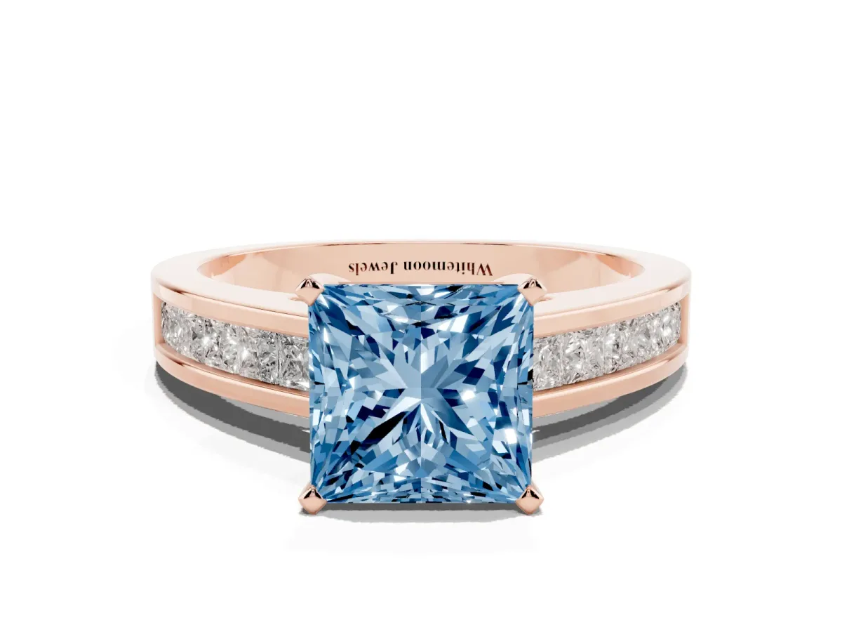 Fancy Blue Princess Cut Solitaire Diamond Ring with Channel-Set Band and Four-Prong Setting Rose gold