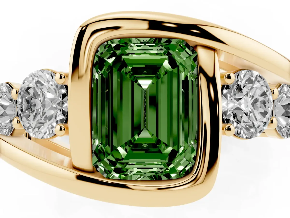 Fancy Green Bezel Set Emerald Cut Diamond Bypass Ring with Round Accents Yellow gold