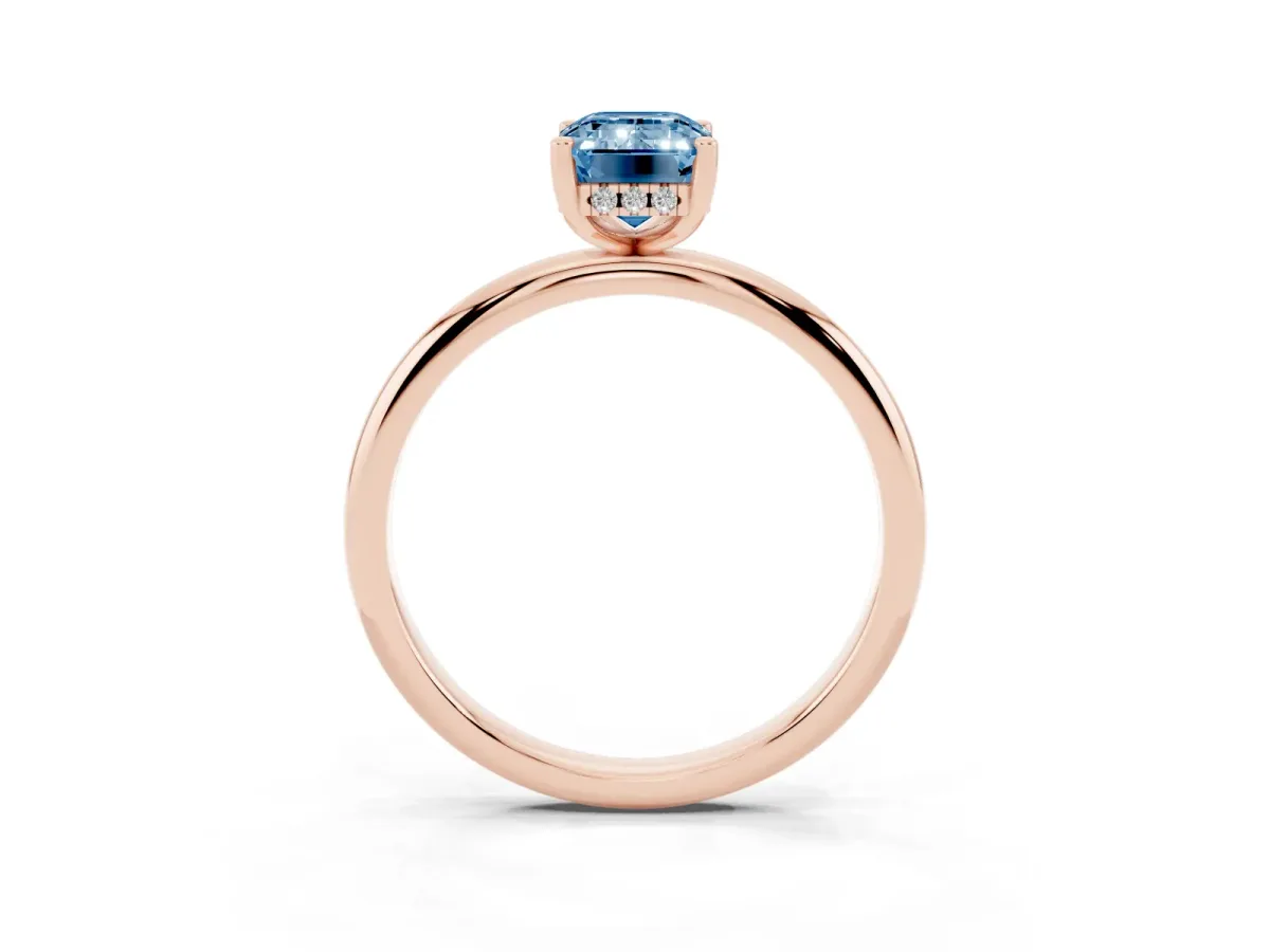 Fancy Blue Emerald Cut Cut Solitaire Engagement Ring with Four-Prong Setting and Classic Band Rose gold