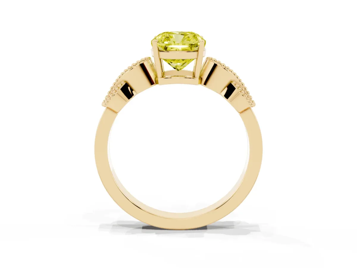 Fancy Yellow Cushion Cut Solitaire Milgrain Leaf Band with Prong Setting Yellow gold