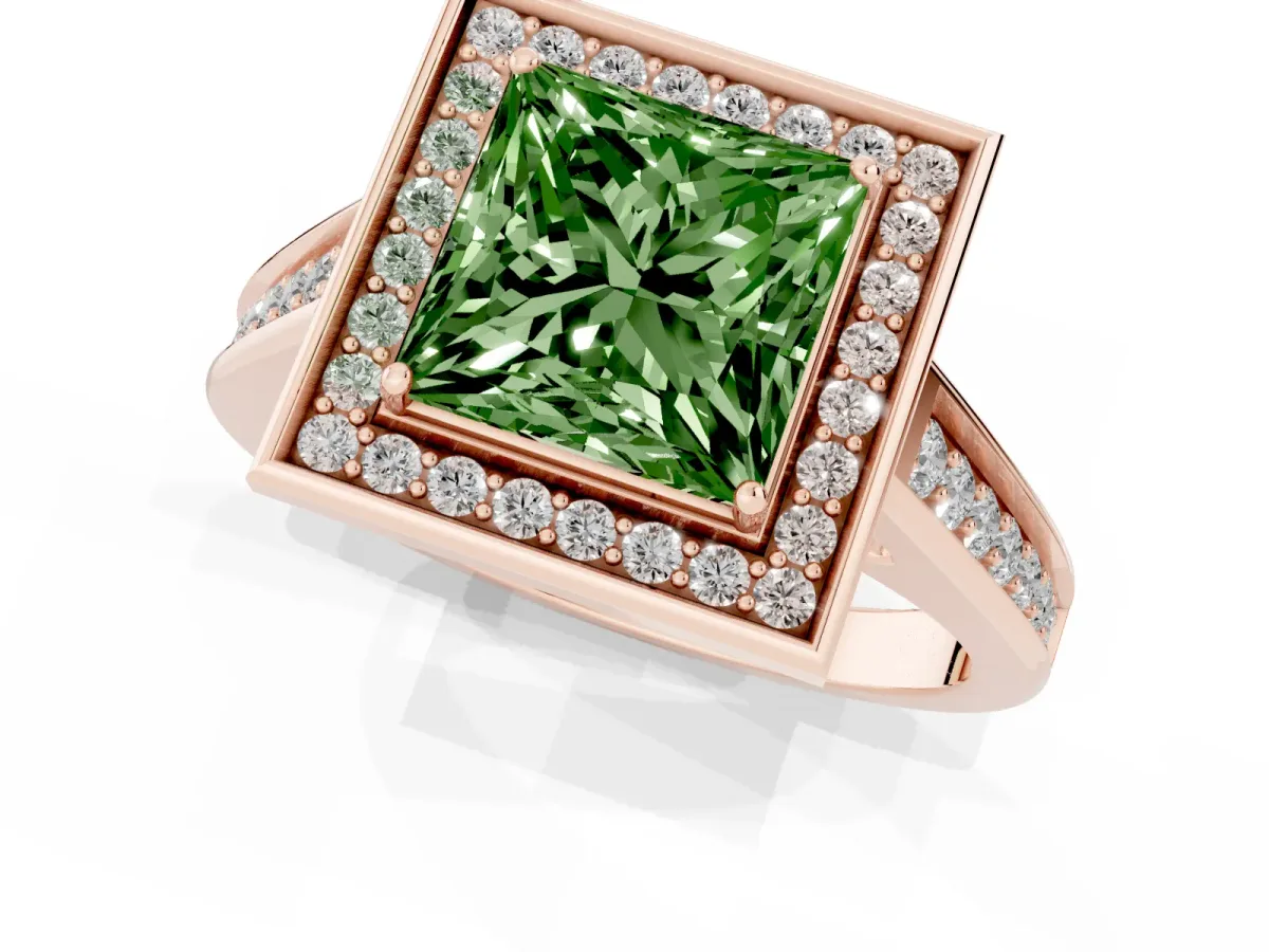 Fancy Green Princess Cut Halo Solitaire Diamond Ring with Pave Band and Bezel Setting Rose gold