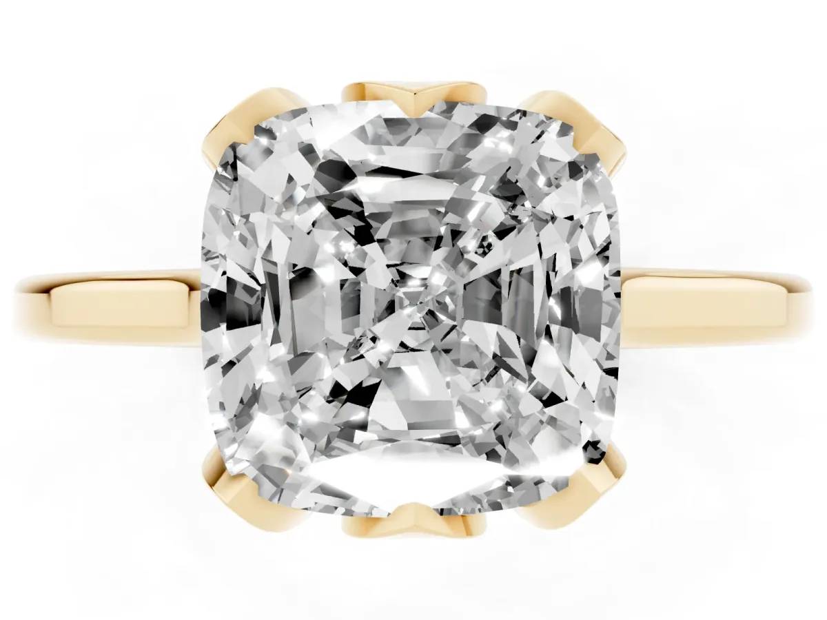 Cushion Cut Diamond Solitaire Ring with Flower Prong Setting and Classic Band Yellow gold