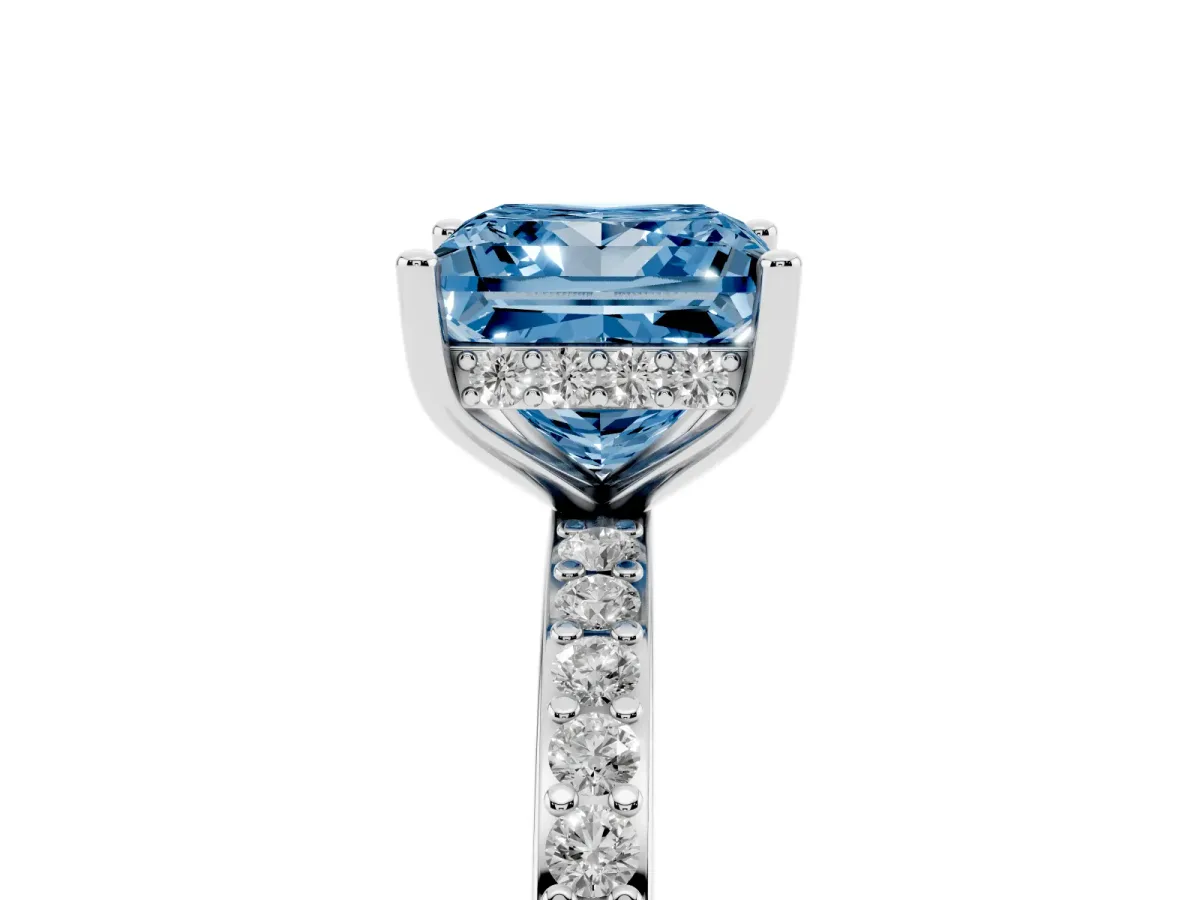Fancy Blue Princess Cut Cut Diamond Pavé Band Ring with Four-Prong Setting Platinum