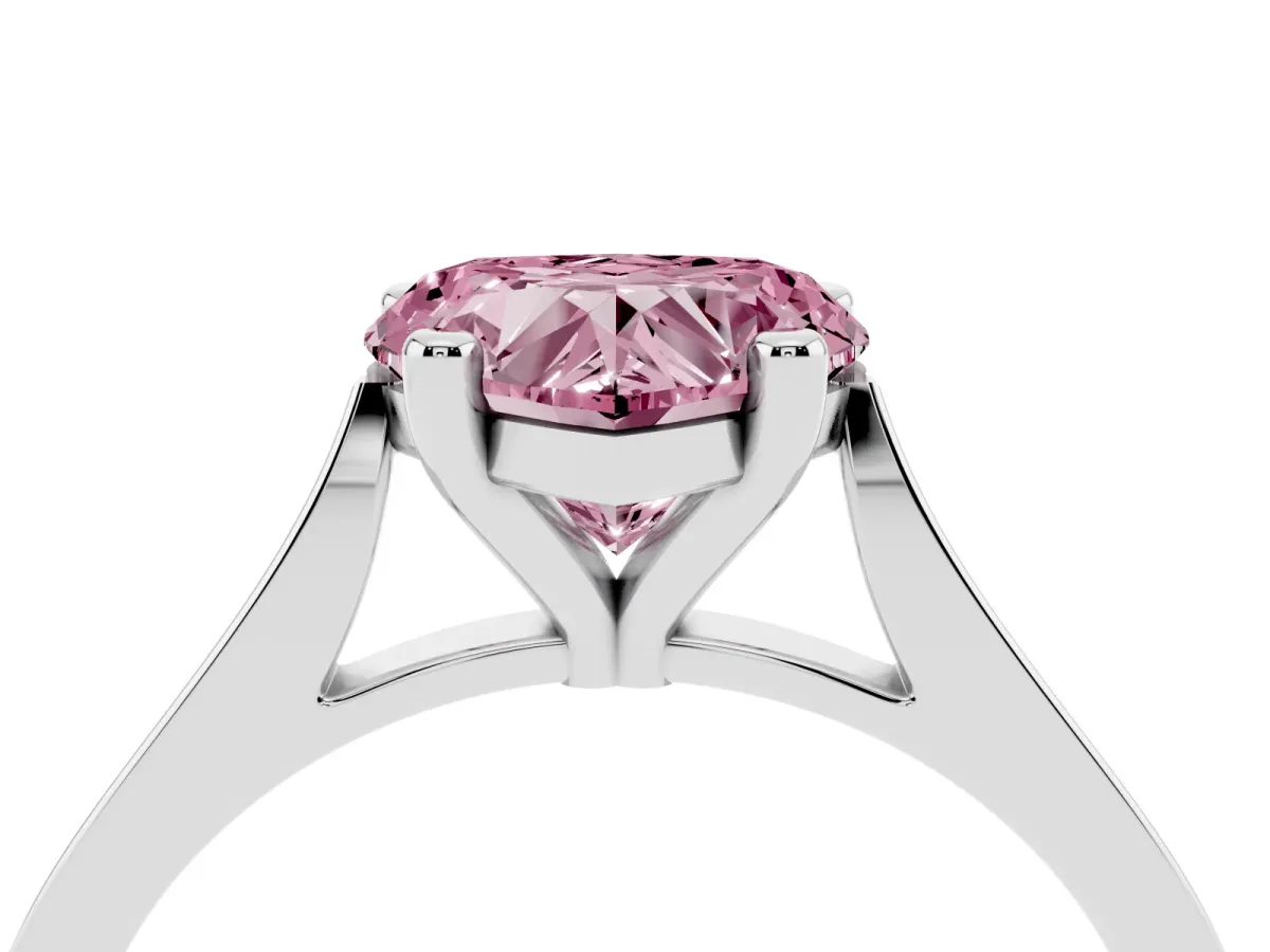 Fancy Pink Heart Cut Solitaire Diamond Ring with Four-Prong Setting and Tapered Band Silver