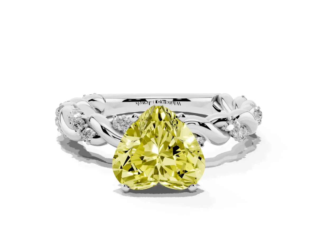 Fancy Yellow Heart Cut Diamond Solitaire Ring with Twisted Band and Pavé Accents Platinum