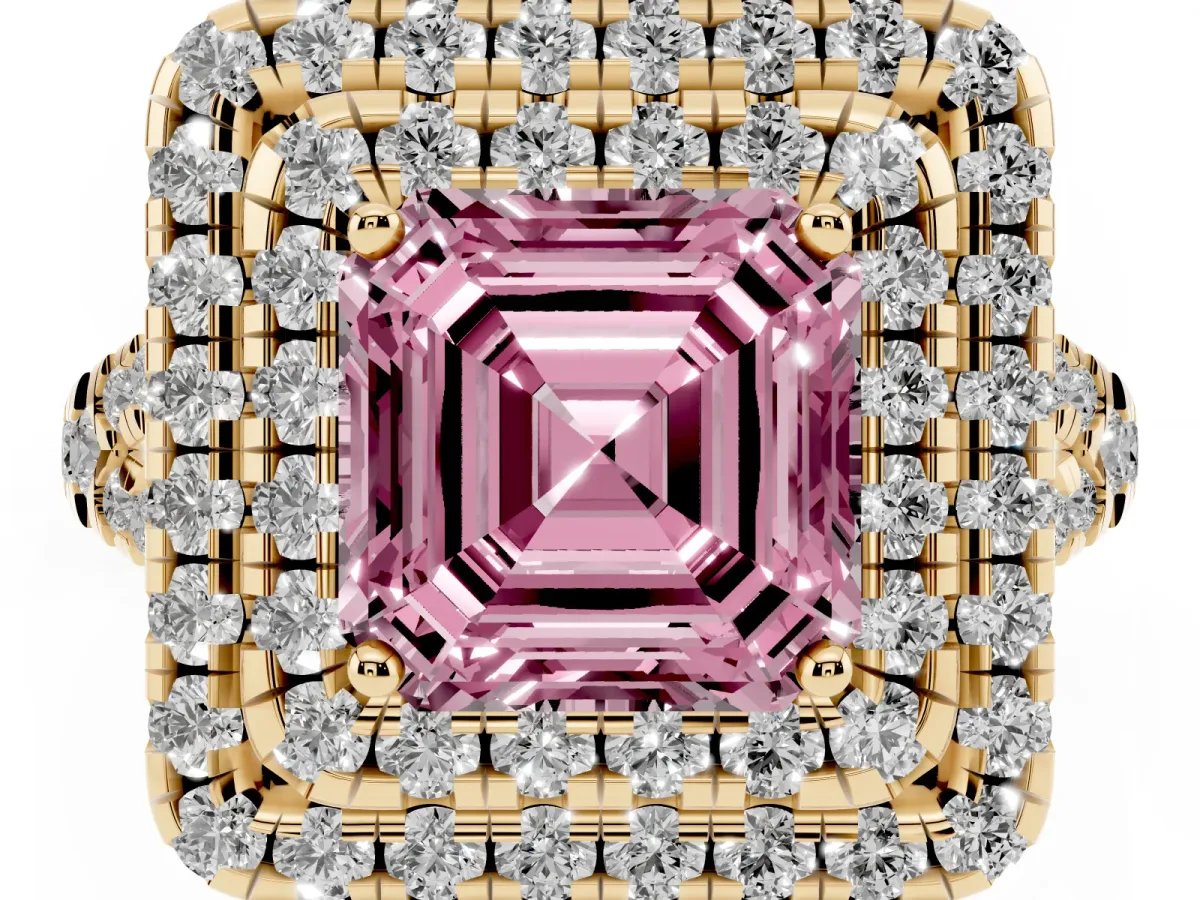 Fancy Pink Double Halo Asscher Cut Diamond Pavé Split Shank Ring with Prong Setting Yellow gold