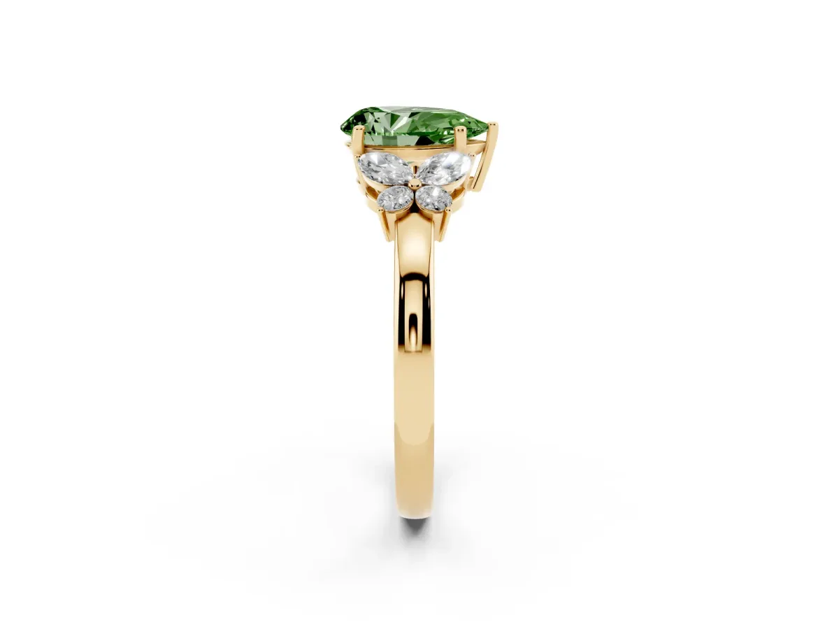 Fancy Green Pear Cut Cut Solitaire Floral Diamond Ring with Four-Prong Setting Yellow gold