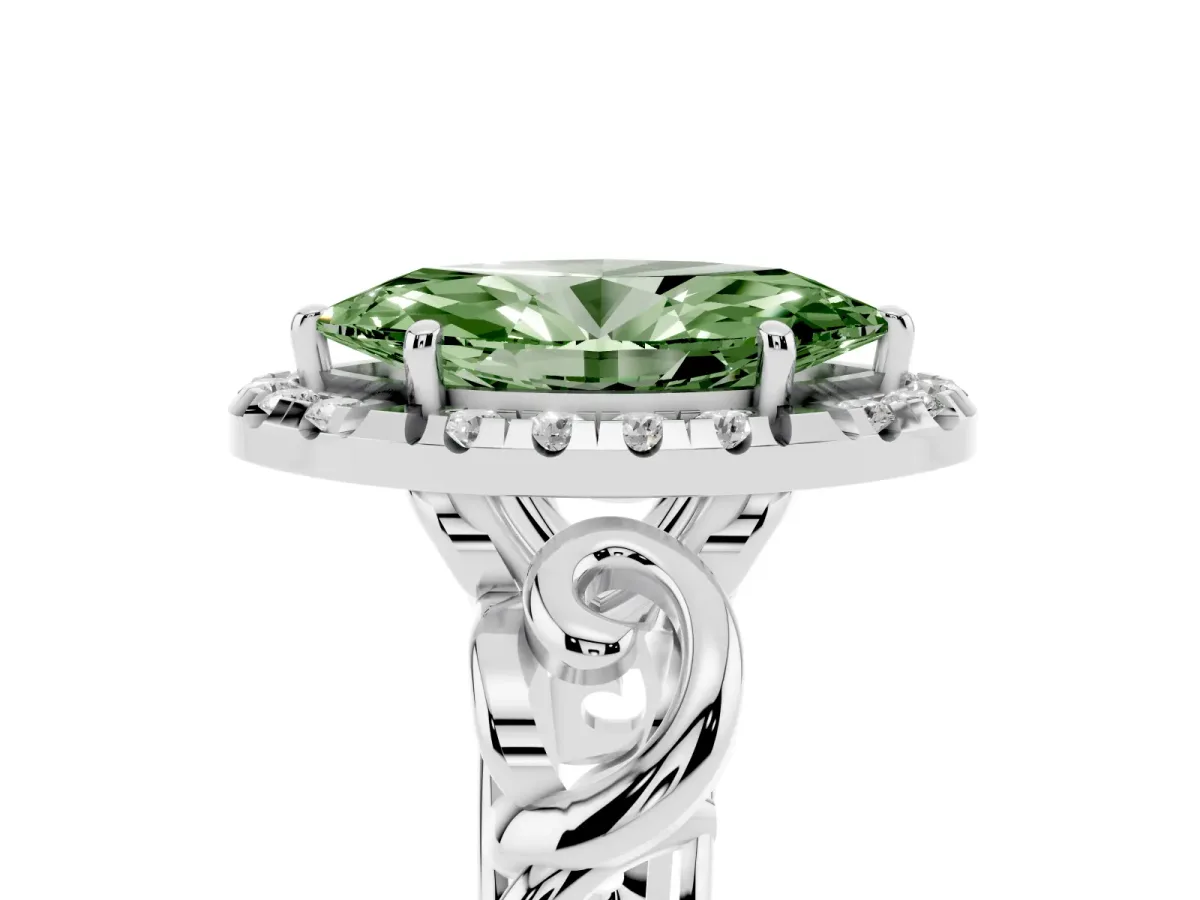 Fancy Green Marquise Cut Cut Halo Diamond Ring with Scrollwork Band and Four-Prong Setting Platinum