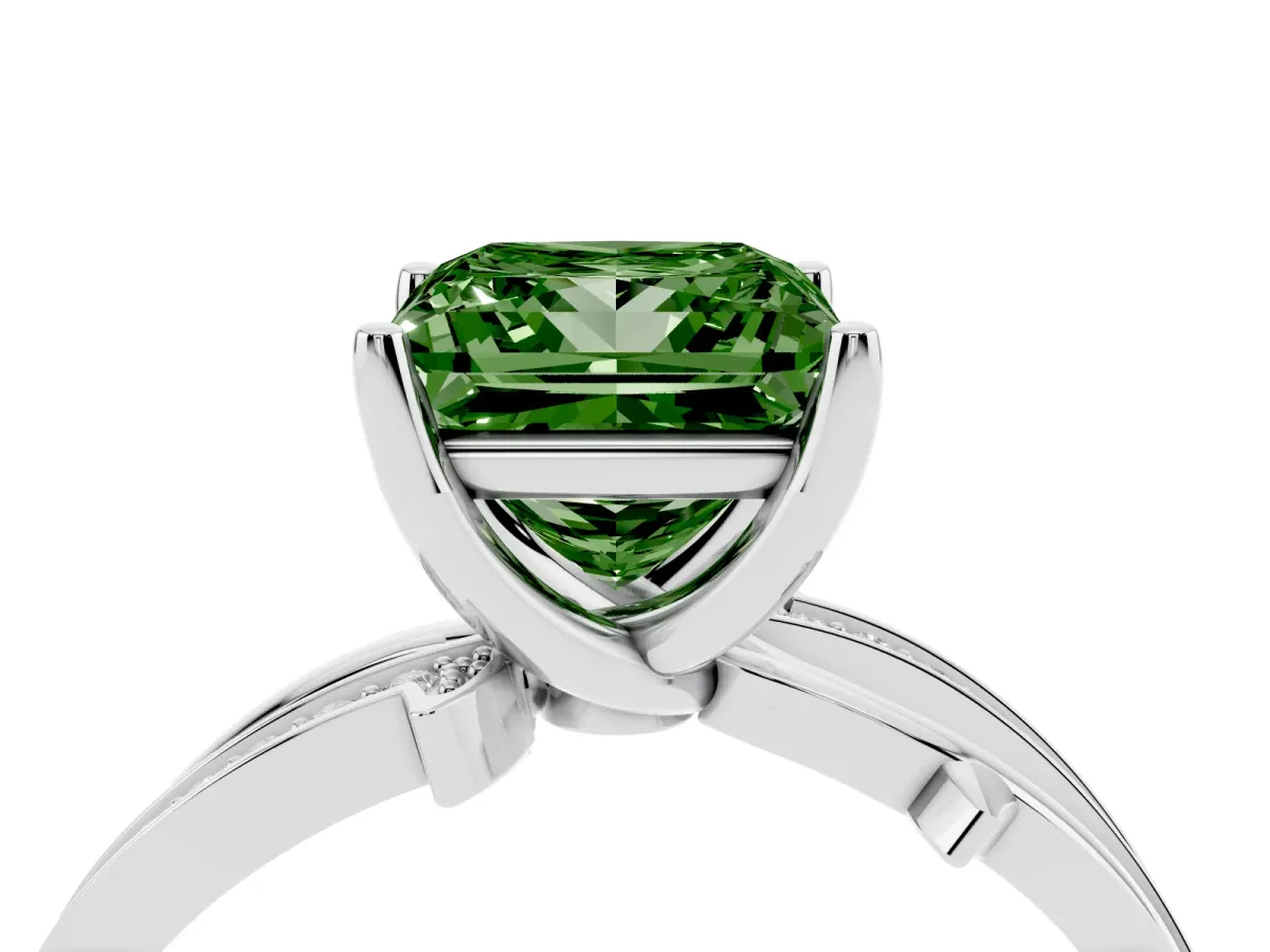Fancy Green Princess Cut Solitaire Twist Band with Pavé Accents and Four-Prong Setting White gold