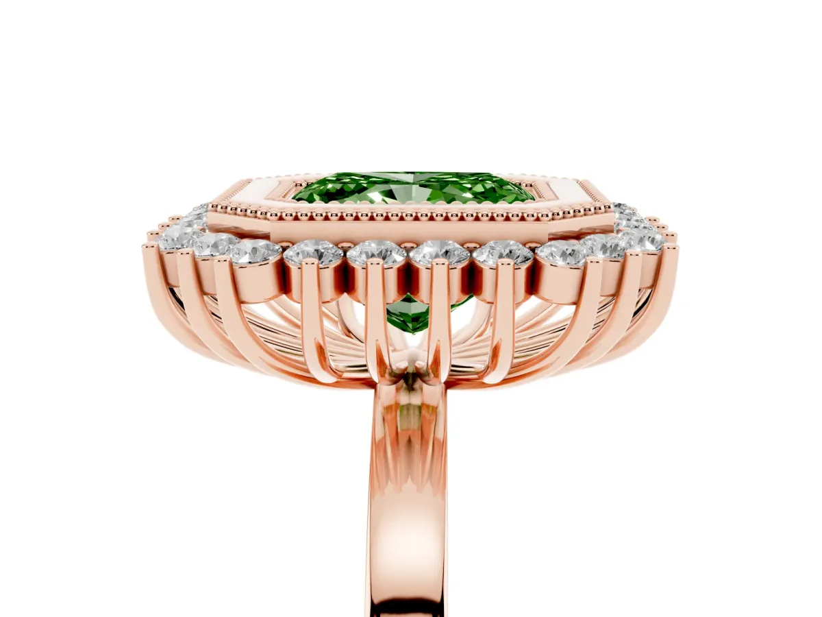 Fancy Green Radiant Cut Halo Diamond Ring with Milgrain Edge and Round Prong Setting Rose gold