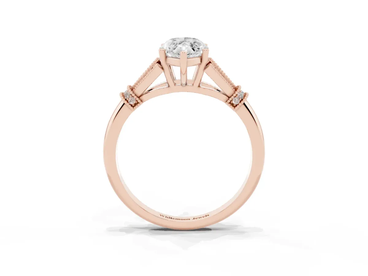 Marquise Cut Diamond Solitaire Ring with Floral Filigree and Pave Accents Rose gold