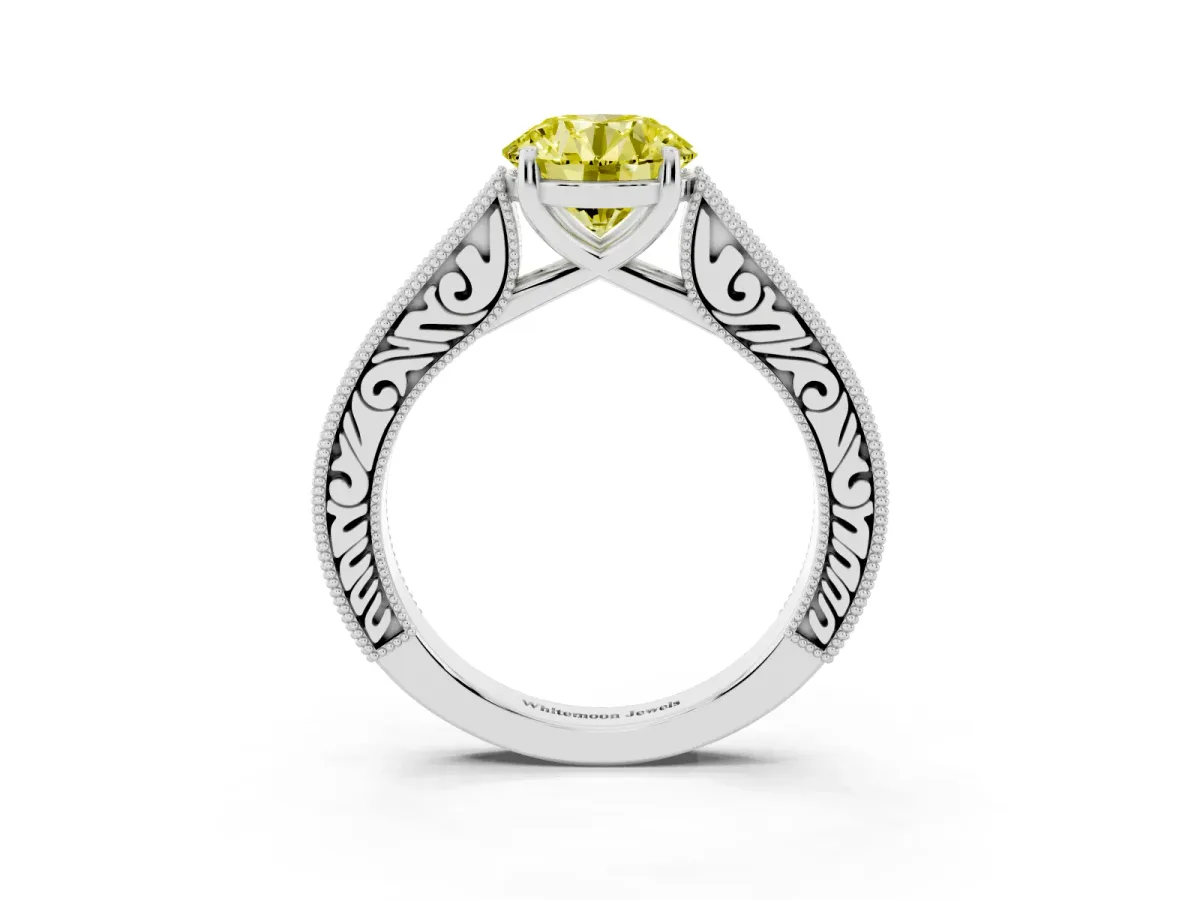 Fancy Yellow Round Cut Cut Pave Band Milgrain Solitaire Ring White gold