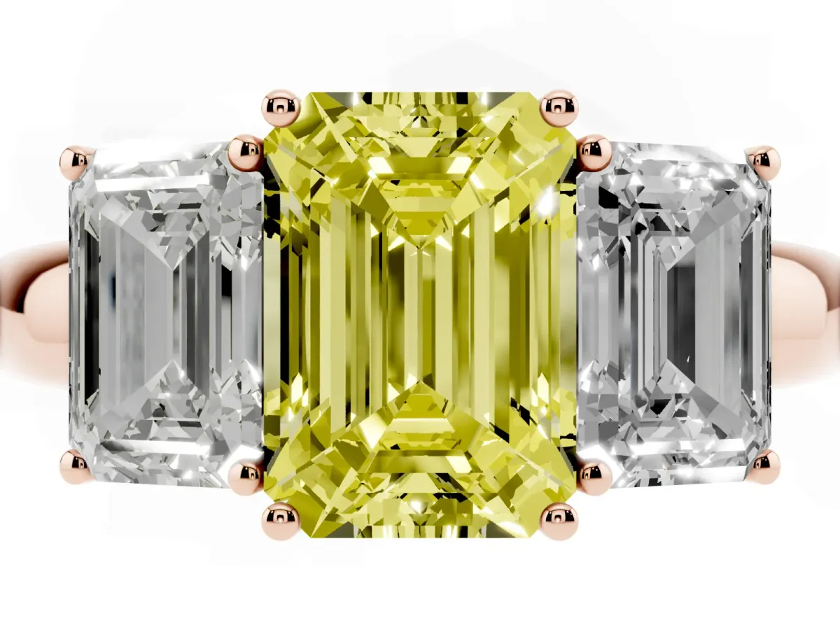 Fancy Yellow Emerald Cut Diamond Three-Stone Ring with Four-Prong Setting and Classic Band Rose gold