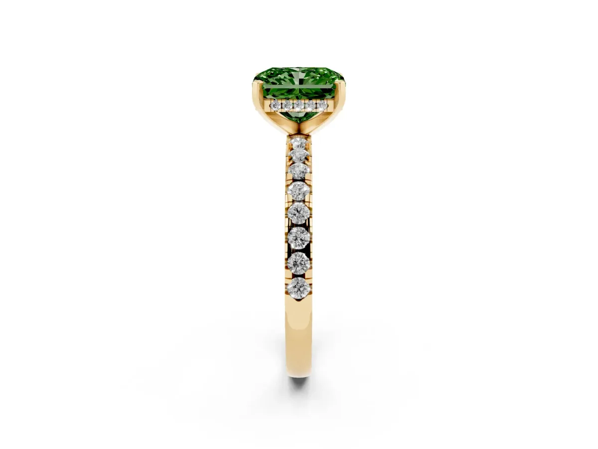 Fancy Green Radiant Cut Diamond Solitaire Ring with Round Pavé Band and Four-Prong Setting Yellow gold