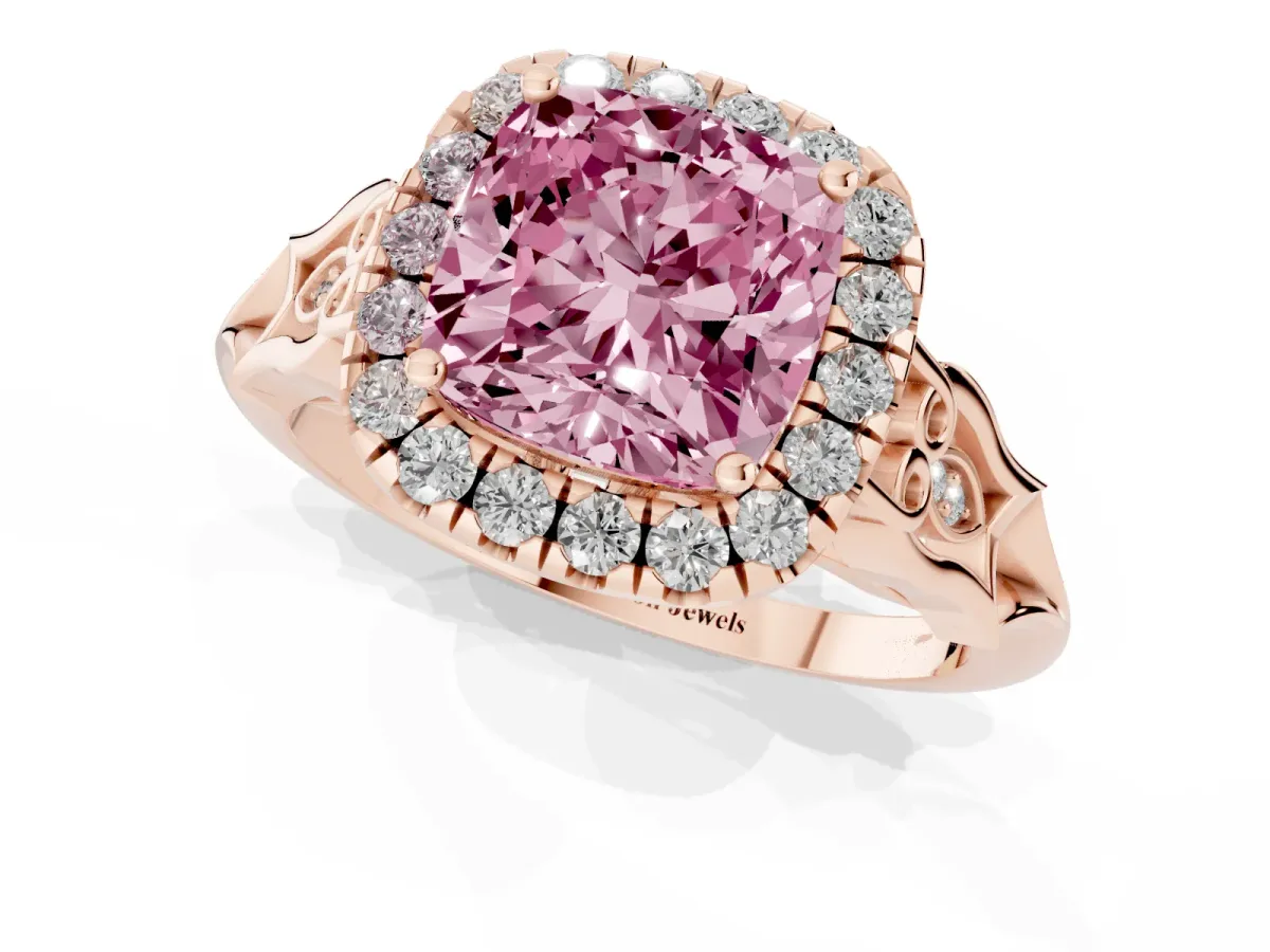 Fancy Pink Cushion Cut Halo Diamond Engagement Ring with Filigree Band and Four-Prong Setting Rose gold