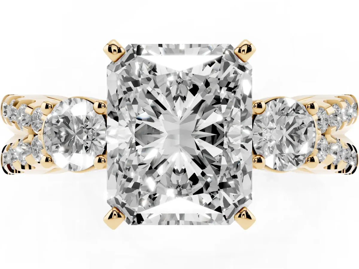 Radiant Cut Diamond Three-Stone Ring with Pavé Split Shank and Four-Prong Setting Yellow gold
