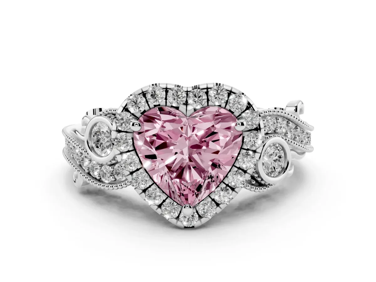 Fancy Pink Heart Cut Halo Diamond Ring with Milgrain and Bezel Accents on a Split Shank Band Platinum